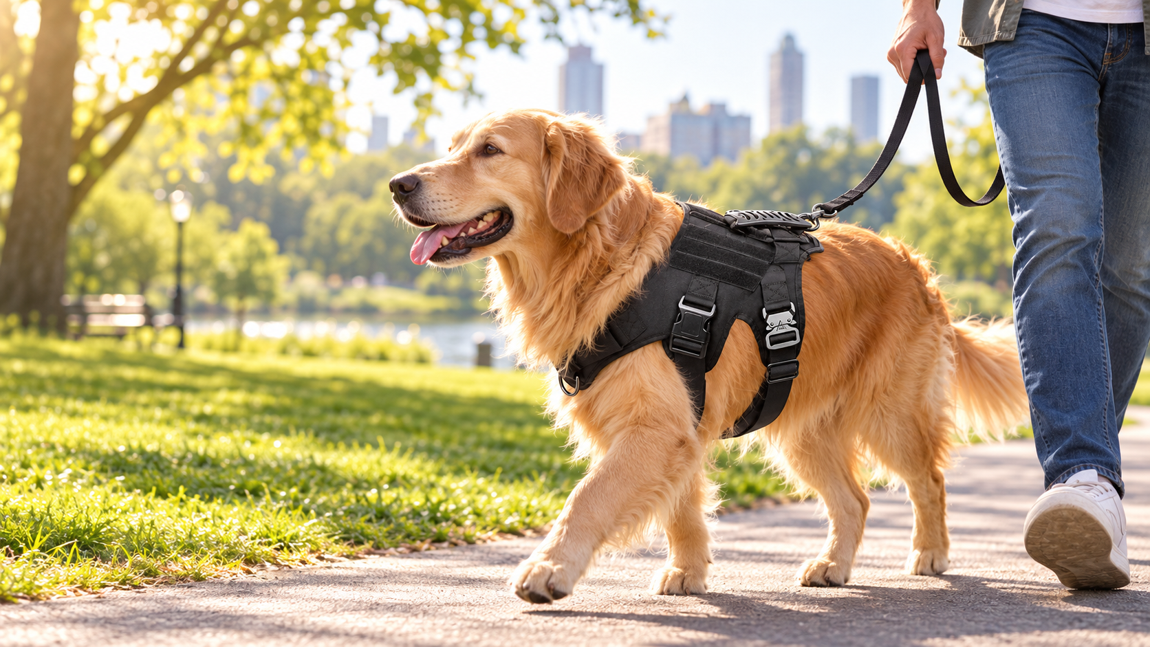 Golden retriever wearing the black harness in a park