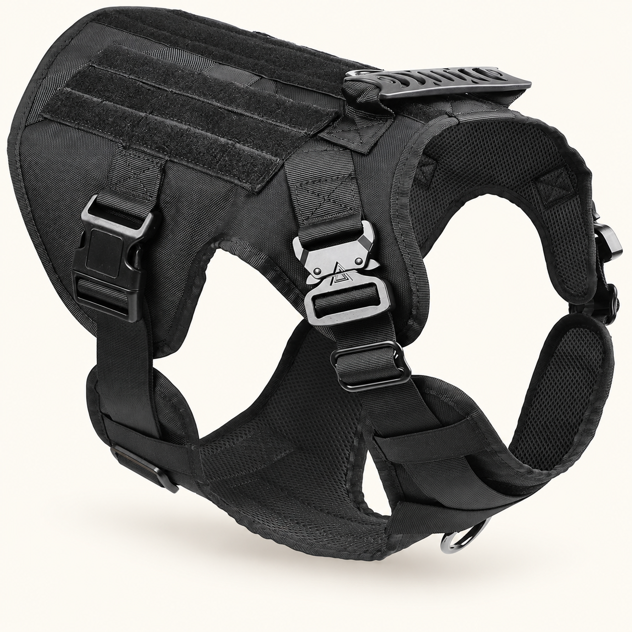 Black tactical dog harness on a cream background