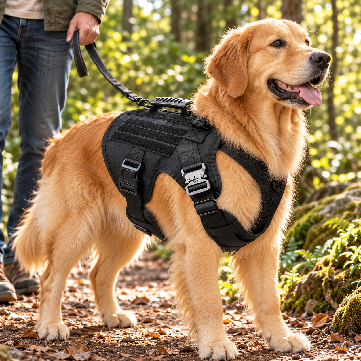 Golden retriever wearing the black harness on a trail